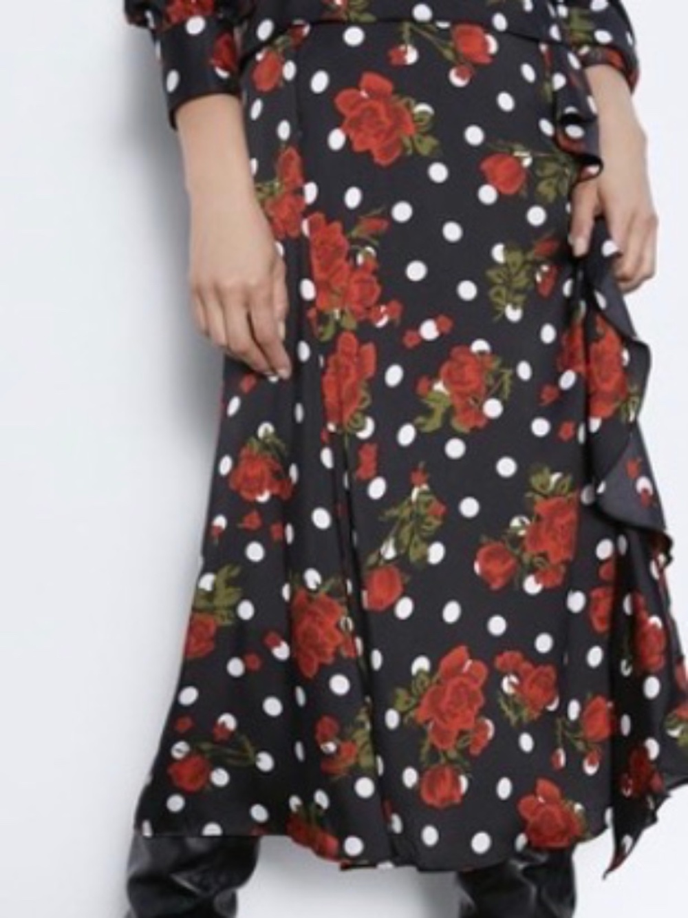 Zara Mixed Print Polka Dot & Rose Ruffled Midi Skirt - Size S